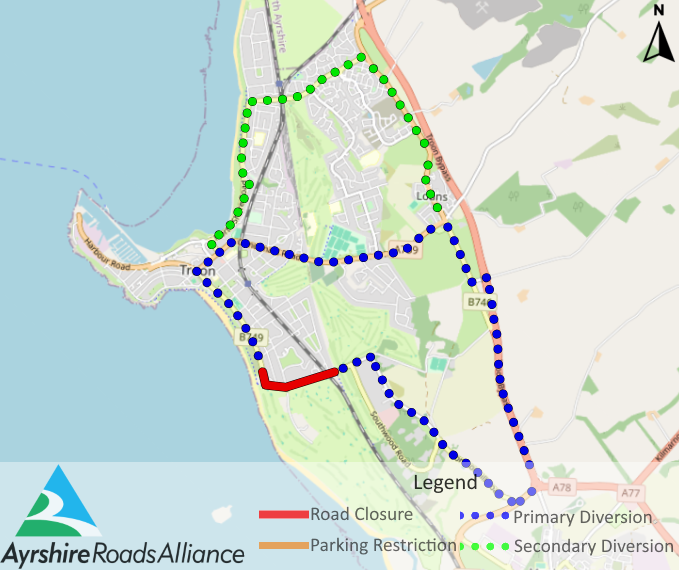 Resurfacing works on Craigend Road, South Beach Troon - ara.roadsonline.co.uk/ARA/TTRO/SAC10… - 22 April 2024 to 05 May 2024 - Road closed between 00:00 and 00:00 - View all restrictions ara.roadsonline.co.uk/ARA/TTRO/Map @eastayrshire @southayrshire