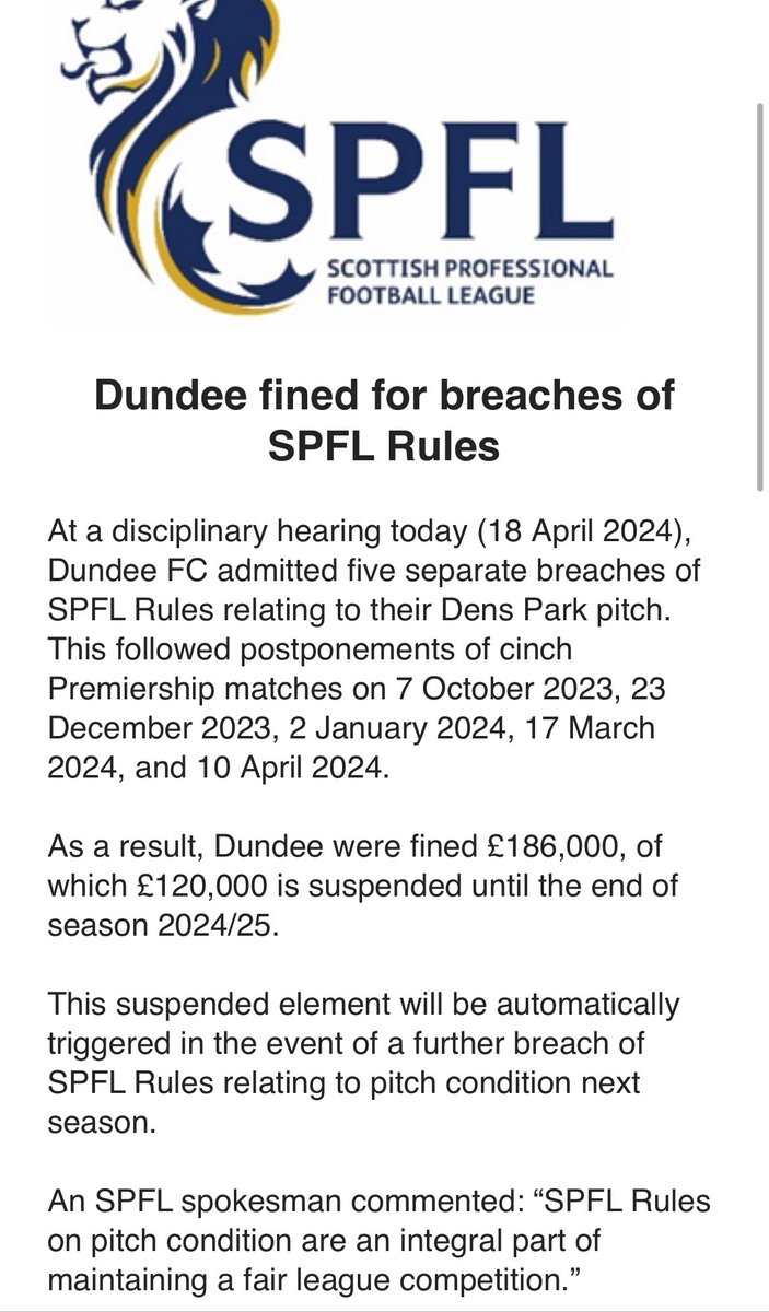 Dundee have been fined by the SPFL after a hearing regarding issues with the Dens Park pitch