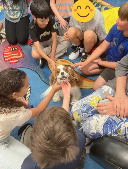 Cooper, the therapy dog, visited Mrs. Dziuk's 5th grade library class in honor of their winning our Beanstack 🫘  March Madness Reading Challenge! 👏 🎉 🙌 Sweet Cooper had so much 🩷  to share! 🥰 🐶 🐕‍🦺 Way to go 5th graders! #SeguinReads #WeAreSeguin @SeguinISD @McQueeneyESISD