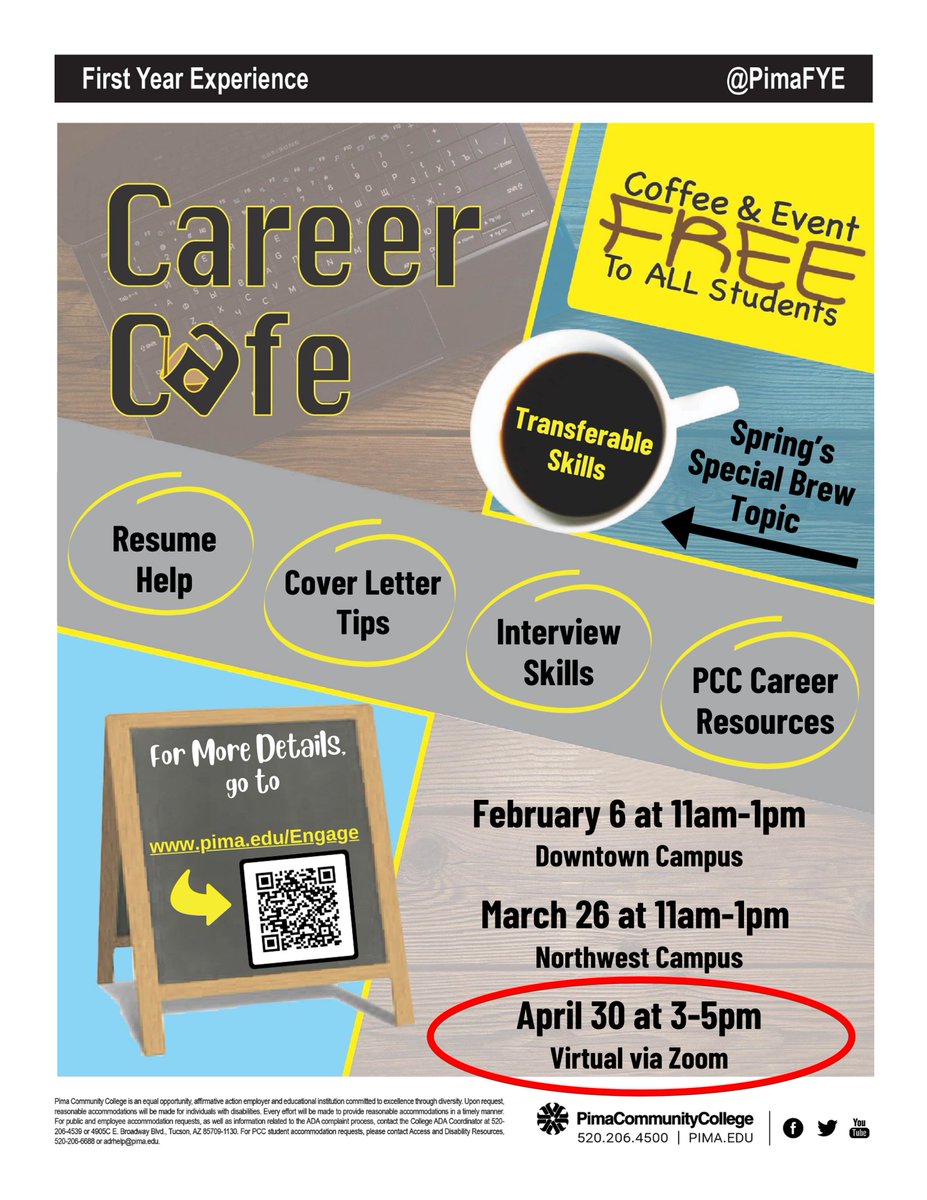 #FOCUS on Your Future by preparing your career readiness skills. Go to virtual #CareerCafe on April 30 at 3 - 5 pm MST via zoom. Get resume help, cover letter tips, interview skills + info about PCC Career Resources. Find the zoom link in pima engage: bit.ly/CareerCafeEnga…