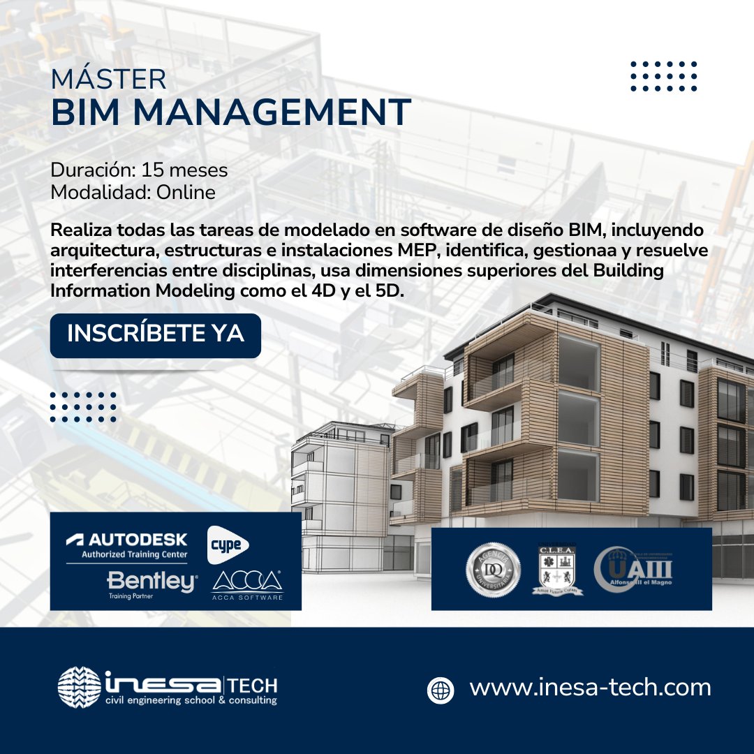 ¡Adelántate al futuro de la construcción con nuestro Máster en BIM Management! 🏗️
Apúntate ahora a este grandioso máster que inicia el próximo 08 de mayo. 
inesa-tech.com/masteres/maste…

#inesatech #inesaexperience #BIM #MásterBIM #IngenieríaCivil #HerramientasBIM #inesaworld