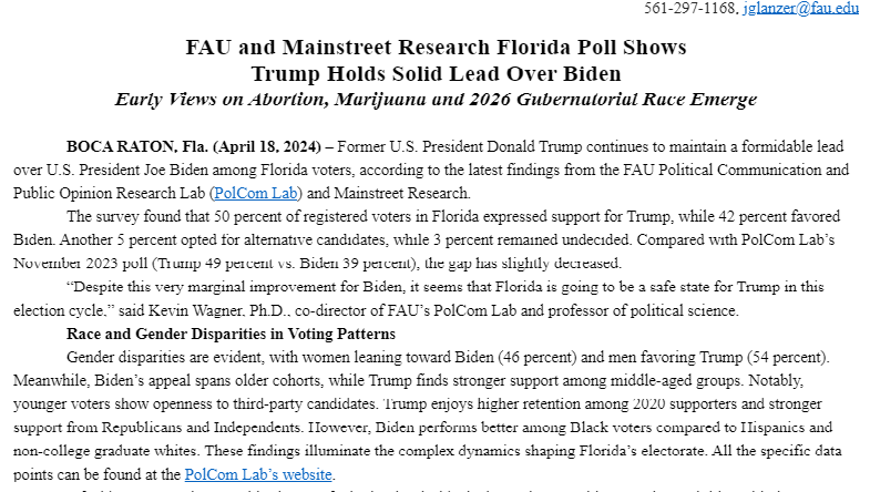 New FAU poll has Trump up 8 points in Florida, the same as recent @USATODAY Ipsos survey. FAU political science professor Kevin Wagner says 'it seems that Florida is going to be a safe state for Trump in this election cycle.'