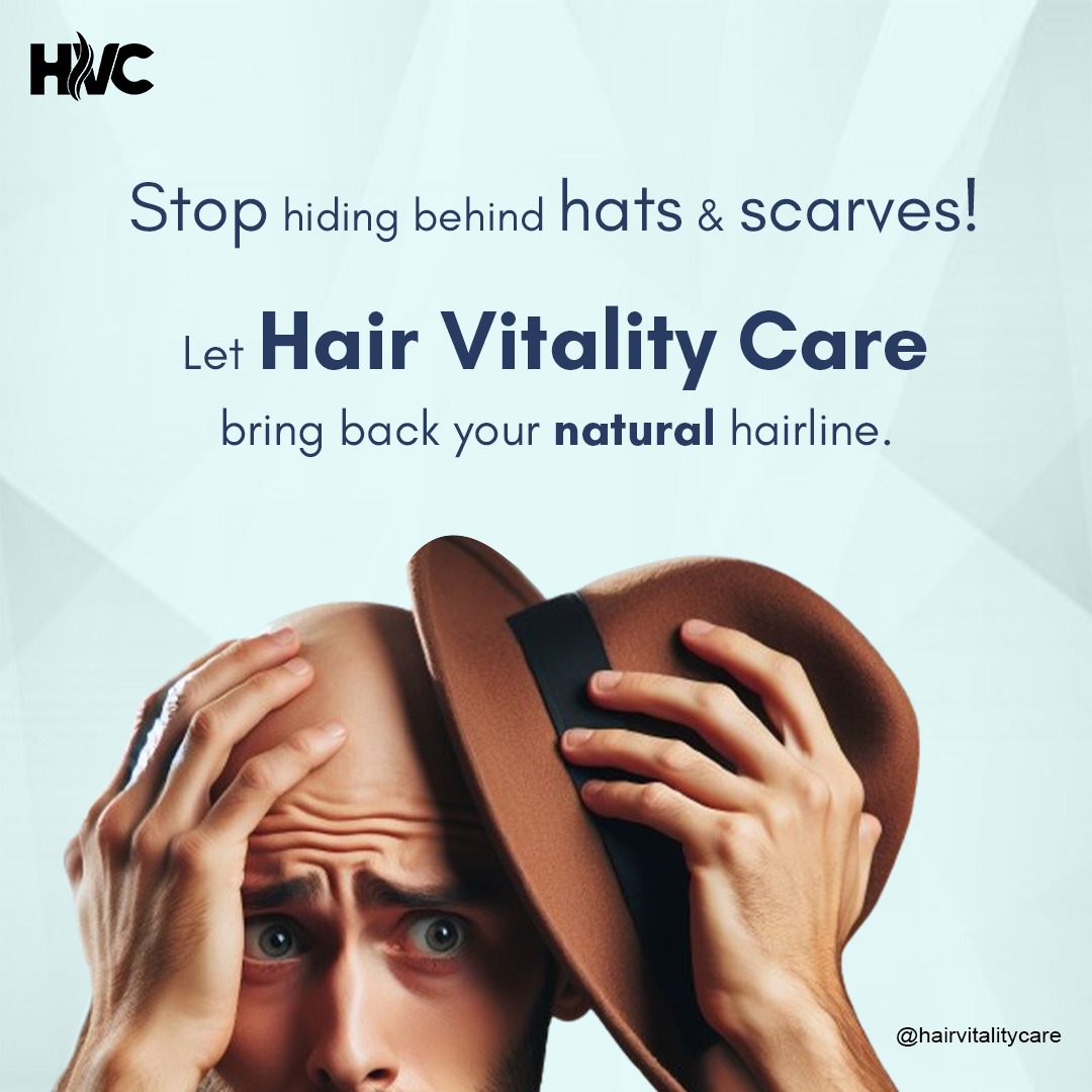 Step out from behind the cover-ups!  Let Hair Vitality Care to revive your natural hairline and boost your confidence. 
Visit us: hairvitalityclinic.com

#HairVitalityCare #HairRevival #NaturalHairline #HairConfidence #NoMoreCoverUps #HealthyHairJourney #HairRestoration