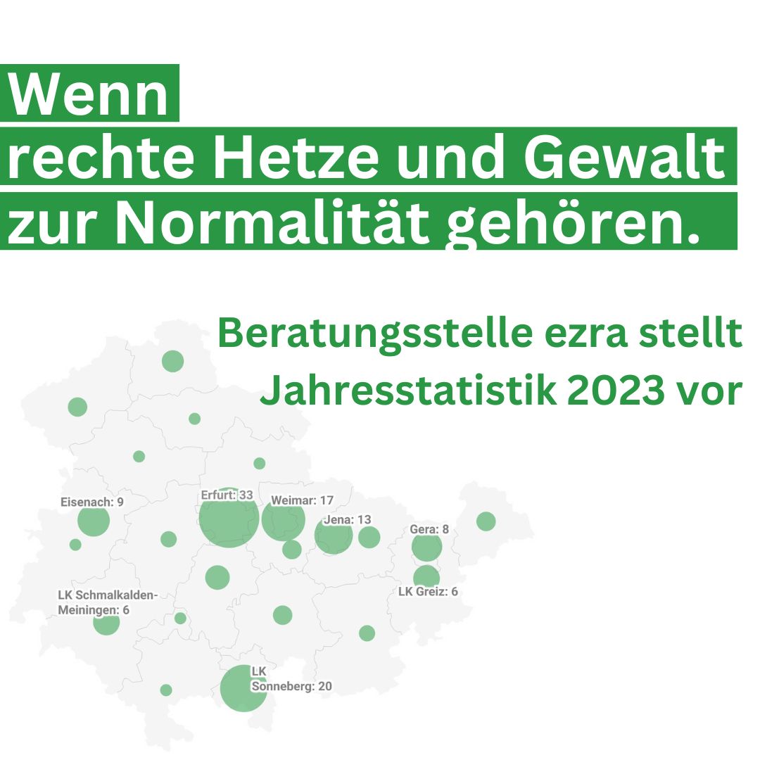 Am vergangenen Mittwoch veröffentlichte die Beratungsstelle @ezra_online ihre Statistik des unabhängigen Monitorings zu rechter, rassistischer und antisemitischer Gewalt in Thüringen für das Jahr 2023. Hier der Beitrag zum Nachhören >>> tinyurl.com/24nvrbtb