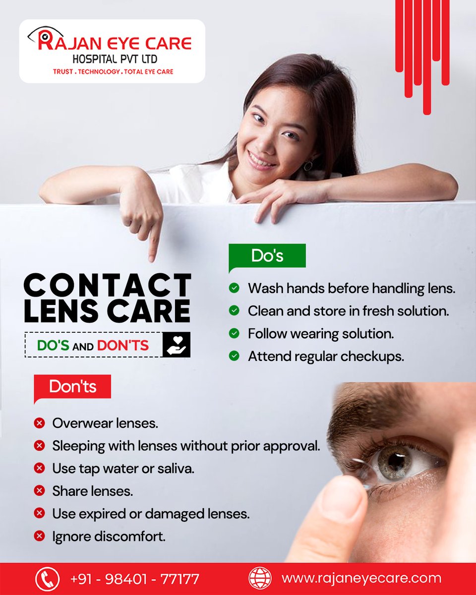Protect your vision with these essential contact lens care tips! 
For more info visit: rajaneyecare.com
Contact: +91 9840177177

#ContactLensCare #SMILEProcedure #Cataract #Lasik #RajanEyeCare #EyeHospital #EyeCare #Eyespecialist #Eyeclinic #Adyar #Tnagar #Velachery