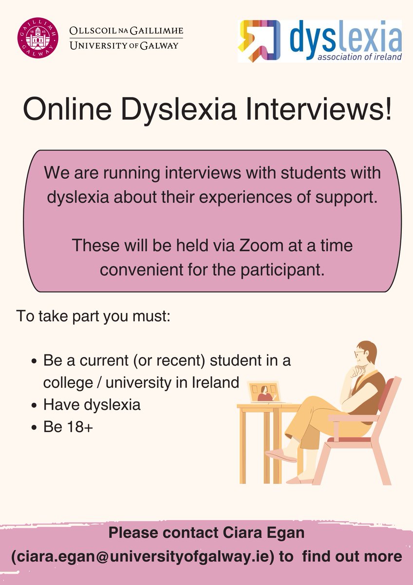 Are you a college / university student in Ireland who has dyslexia? We're conducting short (30 minute) Zoom interviews about your experiences of educational supports. Get in touch with me (ciara.egan@universityofgalway.ie) if you'd like to take part or learn more! 🧠💻