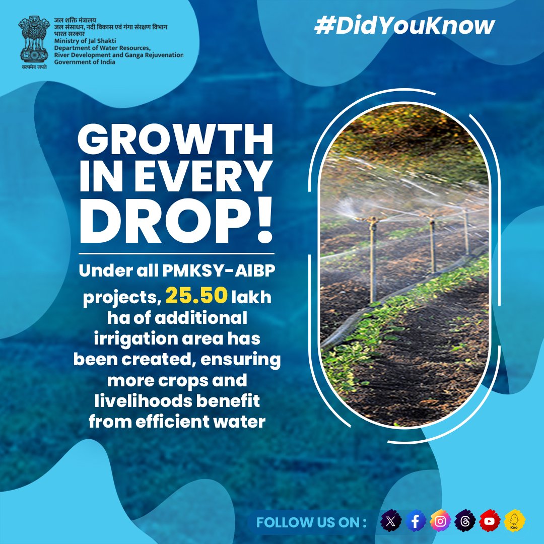 #PMKSY-AIBP is irrigating the seeds of a stronger #India! By empowering farmers and boosting agricultural output, we pave the way for a more prosperous and sustainable nation. Let's cultivate a brighter future together! #AtmanirbharBharat #Agriculture #DidYouKnow