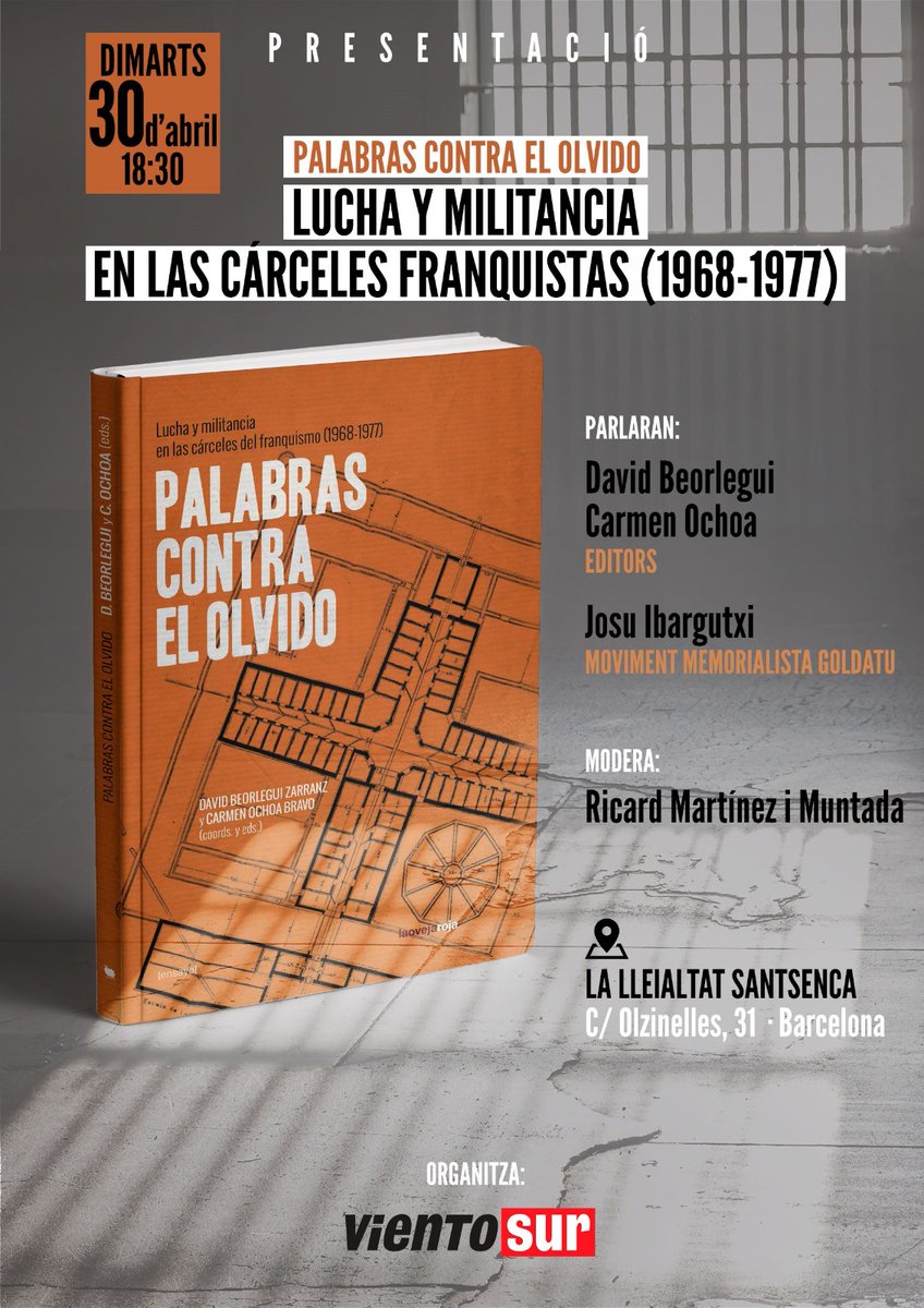 pegaire's tweet photo. https://t.co/bFMmP1z3c7.
El 30 d'abril presentem aquest valuós testimoni de militants antifranquistes i revolucionaris empresonats durant la dictadura.
@FVientosur
@LaOvejaRojaEdit https://t.co/kjId9Rcxq4