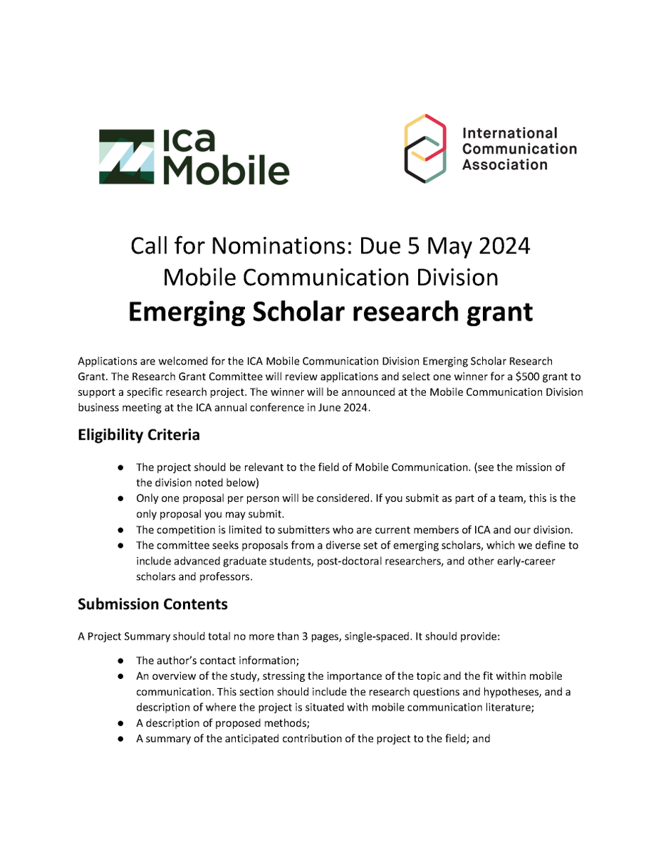 ICA_Mobile's tweet photo. ✨Emerging Scholar Research Grant ✨
Deadline 5 May

Submit applications for a $500 grant to support a specific Mobile Communication research project. The winner will be announced at the Mobile Communication Division business meeting at #ICA24
@icahdq 

Details in the call below! https://t.co/IpdlILehWH