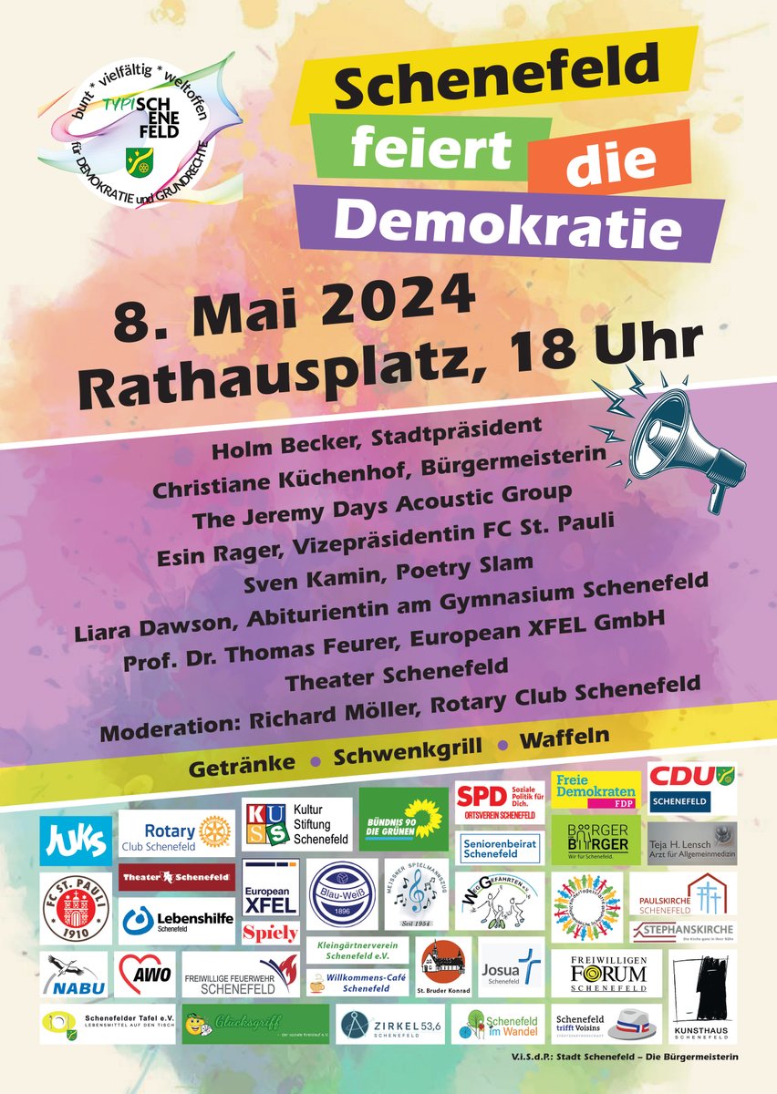 We are celebrating unity and diversity in front of the Schenefeld Rathaus on 8 May, starting at 6:00 pm. There will be food, drinks, music, poetry slam, theatre performances and speeches, including one by Thomas Feurer, Managing Director of European XFEL. Everybody is invited.