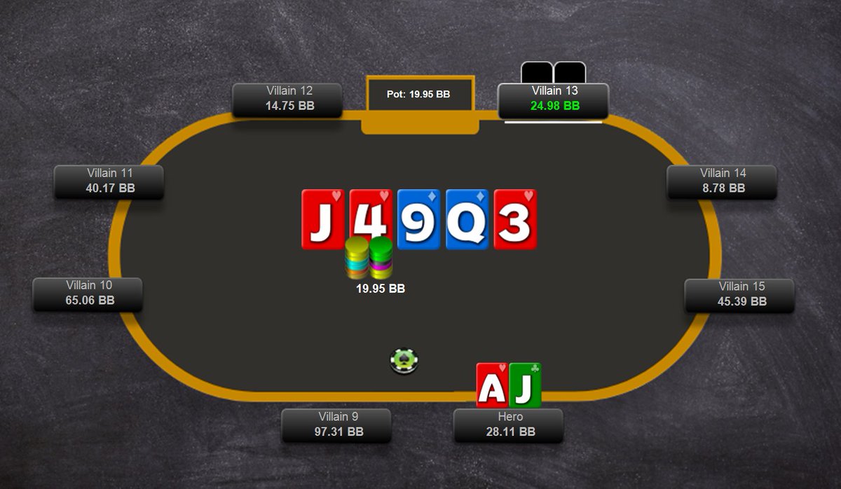 5 hours into the $55 Sunday Marathon, already ITM. You 3-bet AJo in the CO vs MP, ~35bb effective, and MP calls. You cbet 25% on J94fd and the MP calls. The turn is the Qd and it goes x/x. The river is the 3h. MP checks. What do you do (and why)?