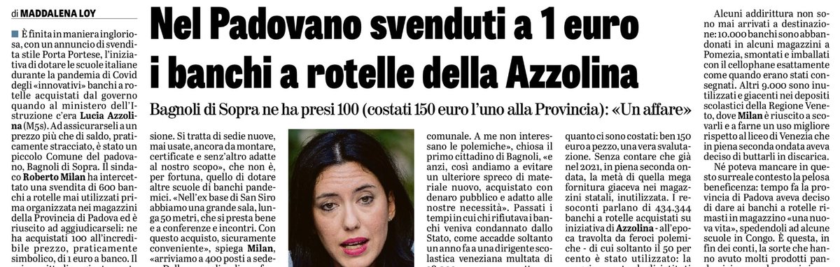 madforfree's tweet photo. Il ministro Azzolina ne aveva fatti comprare 434.344 a 150 € l’uno (totale 65 milioni di €). Adesso te li tirano in faccia o quasi: nel Padovano i banchi a rotelle sono stati “venduti” a 1 euro l’uno. Arriverà il giorno in cui qualcuno risponderà delle scriteriate spese pandemiche con i soldi dei contribuenti?
#accountability

Oggi su @LaVeritaWeb