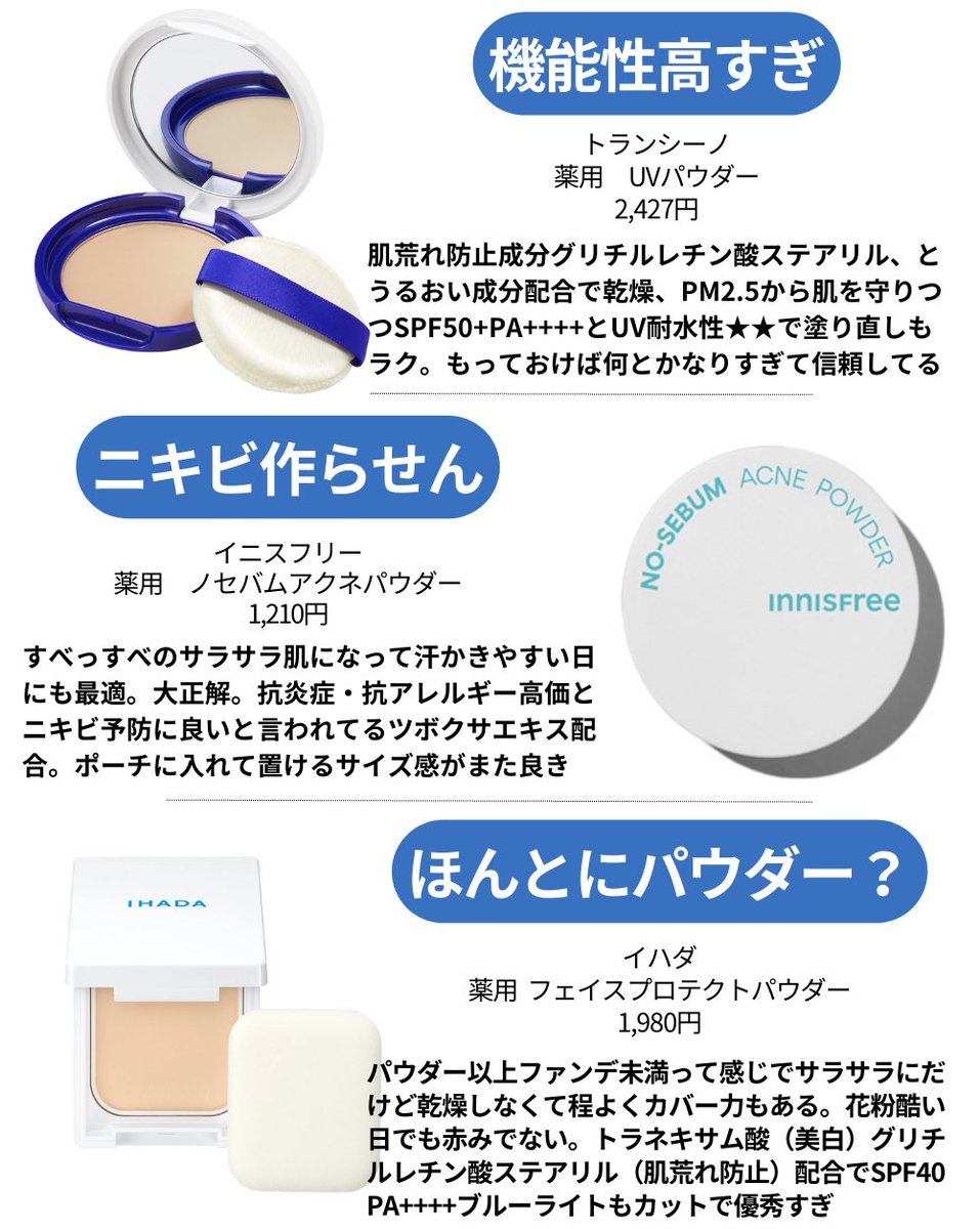 花粉と黄砂で荒れ放題の肌に1番効果あったのがパウダーで顔サラサラにして付着させないって単純なことだった🤯
赤みは低刺激な化粧水のコットンパックで撲滅して、パウダーは抗炎症や保湿力高いもの多めにつけるとヒリつき痒み出ない。肌弱ってると毛穴詰まりやすいから酸化亜鉛フリーで肌治安保てる！