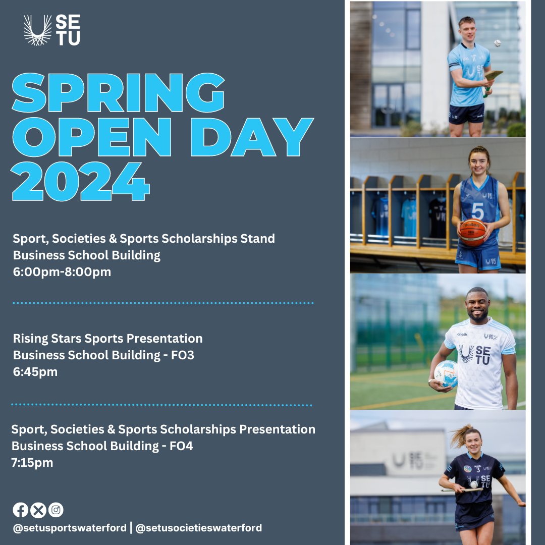 Spring Open Day 2024📣 Are you a CAO applicant or prospective student?🙌 Our Spring Open Evening takes place from 18:00-20:00 at our Cork Road Campus❗️ Learn about sports, societies, sports scholarships and our new Rising Stars programme⭐️️ More info setu.ie/events/setu-sp…