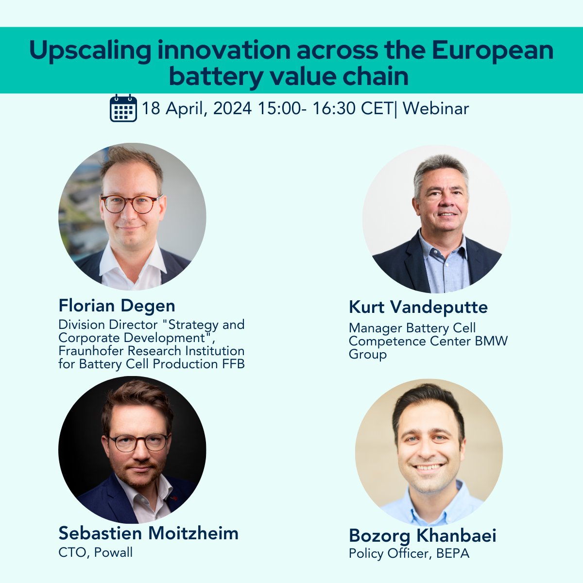 ⏰ Join us today for our webinar on Upscaling Innovation in the European #battery value chain, to learn more about bringing battery innovation from lab to market! 📅 Thursday, 18 April 2024, 15:00 CET 📌 Microsoft Teams Register here ➡ lnkd.in/gFphqsJa