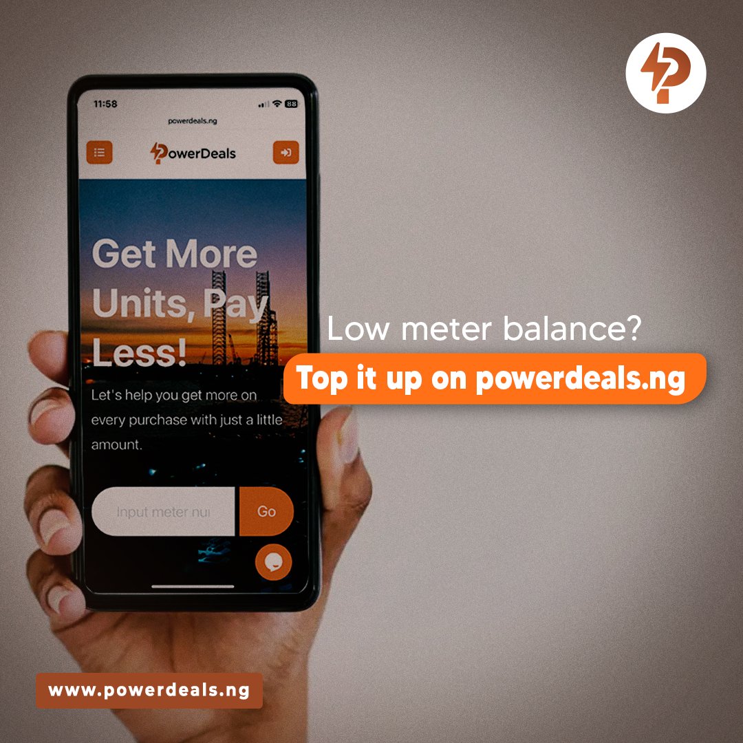 Running low on meter balance? No worries! 

Top up with powerdeals.ng and keep the energy flowing!

#buyelectricityonline 
#electricitybill 
#purchaseeletricity
