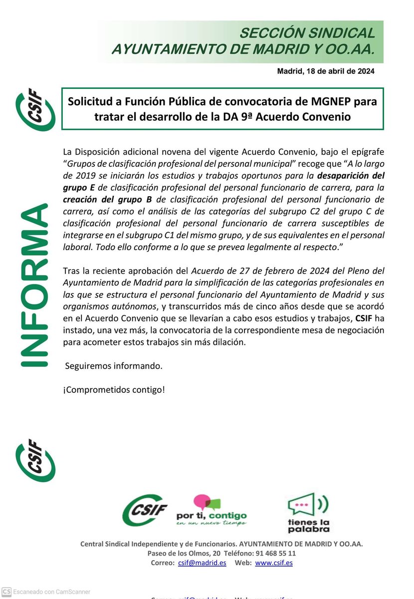 CSIFMADAyto's tweet photo. Solicitud a Función Pública de convocatoria de MGNEP para tratar el desarrollo de la DA 9° del Acuerdo Convenio.
#csifteinforma
#csiftusindicato https://t.co/uL5DQV6csW