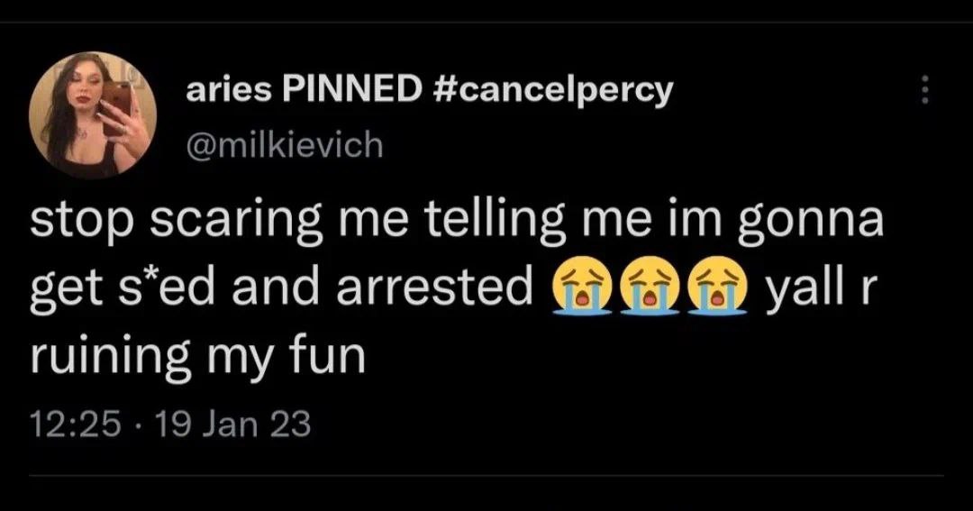 sinskinnner's tweet photo. Why can’t we believe these accusers? 
We encourage any1 who has been a victim of any kind of ab*se to file an official report &amp; contact a therapist. These girls slandered #PercyHynesWhite, bragged on their socmed about it,lied about age gap and fabricated a FALSE victim(Jane).1/2 https://t.co/eSFDh1EueP