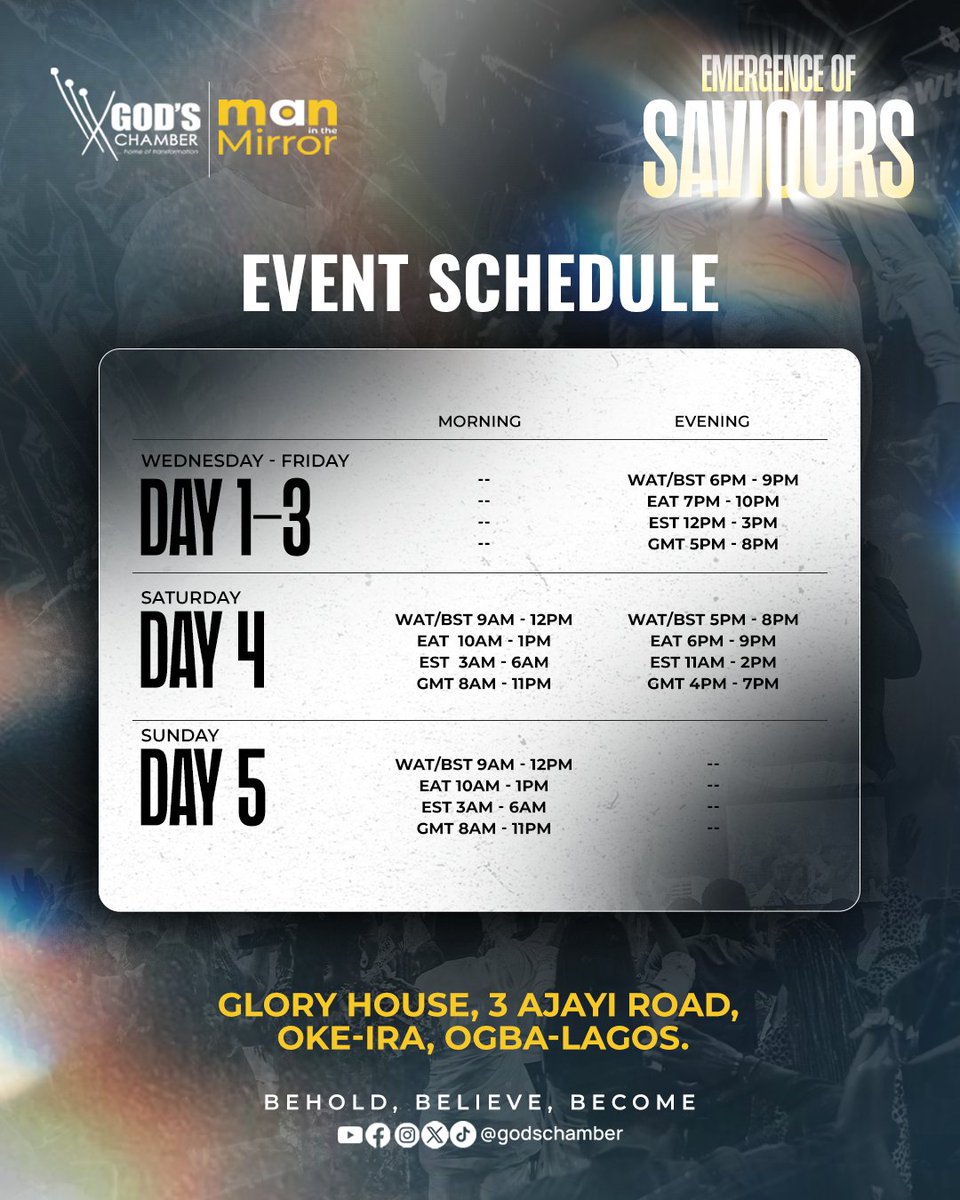 GodsChamberMin's tweet photo. Are you thinking of how to plan your schedule to attend MIM 2024?
This will help you plan accordingly.
Remember to tell a friend to tell a friend.
Also, click on the link in our bio to register for the conference.
See you there! 💃
#MIM2024 #ManintheMirror #GCMIM https://t.co/Zlt2XasD0X