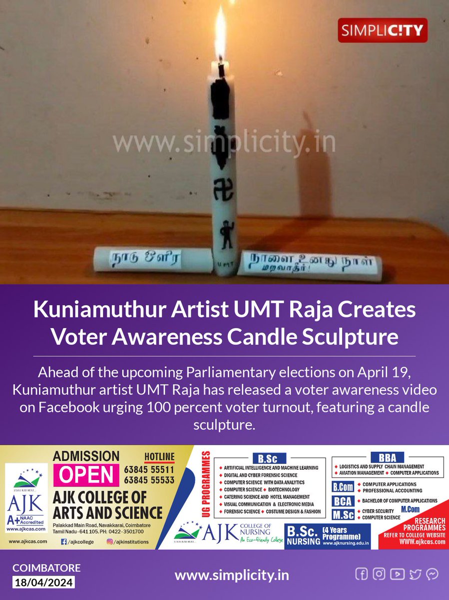 Kuniamuthur Artist UMT Raja Creates Voter Awareness Candle Sculpture simplicity.in/coimbatore/eng…