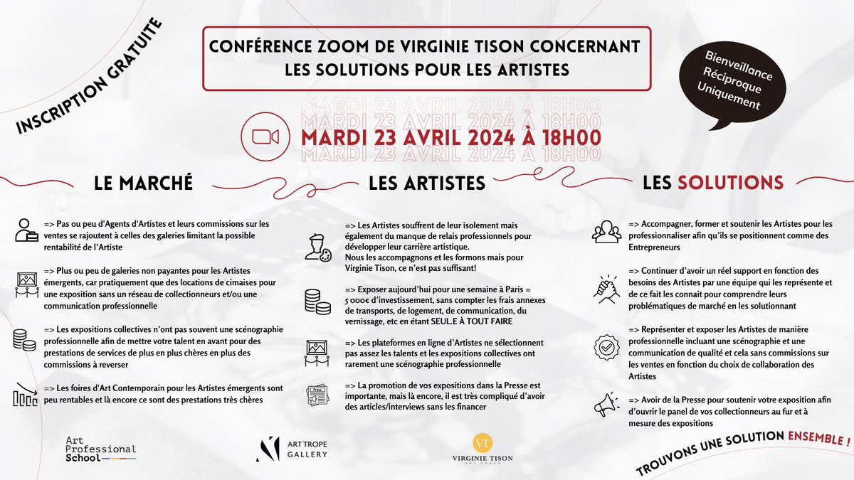 [ #zoom #conference #virginietison #artprofessionalschool ] ⚡️📈👨‍💻
•
👉 Ne manquez pas la CONFÉRENCE ZOOM GRATUITE animée par <a href="/virginie_tison/">virginie tison</a> le MARDI 23 AVRIL 2024 A 18H pour trouver ENSEMBLE des solutions adaptées aux Artistes
•
🔗  Lien : bit.ly/3xuhluq