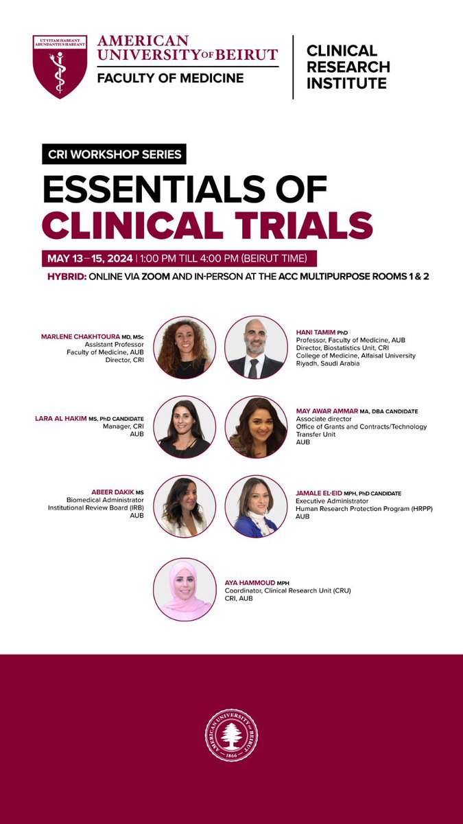 Register now to the CRI Workshop on 'Essentials of Clinical Trials'-May 13-15, 2024👇 redcap.aub.edu.lb/surveys/?s=7EC… Deadline to register is Thursday May 9, 2024 at 12pm Beirut Local Time @Marlene__ch @martinebejjani @Elie__Akl @mayawarammar @abeer_dakik @AyaHamm90513346 @EidJamale