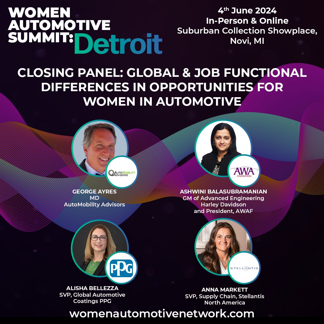 Don't miss our closing panel at our #WASDetroit event on June 4th 🌟 Featuring a powerhouse lineup: 💜George Ayres - AutoMobility Advisors 💜Ashwini Balasubramanian - AWAF 💜Alisha Bellezza - PPG 💜Anna Markett - Stellantis Ticktes: womenautomotivenetwork.com/pages/women-au…