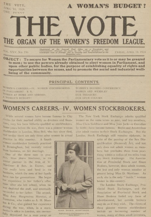 The Vote, 18 April 1924, profiles one of the three women stockbrokers who were working in Britain, Doris Mortimer. Doris was a senior partner at a firm in Exeter bit.ly/3Q0wD0l #OTD #1924Newspapers #WomenInHistory