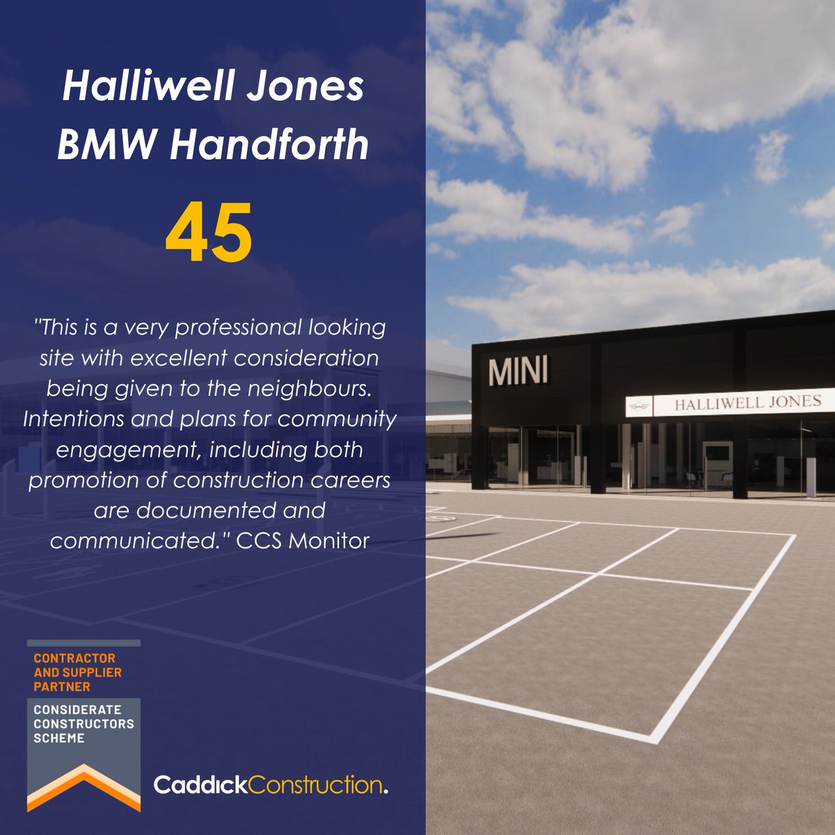 Congratulations to our team and supply chain partners at #BMWHandforthDean, who have achieved a fantastic score of 45 on their recent @ccscheme visit. 👏 #PlacesforLife #LoveConstruction #CCS