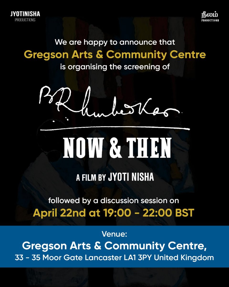 Exciting alert for #UK📢 Screening of our @brantfilm1 'B.R. Ambedkar Now & Then'💙🎬at Gregson Arts & Community Centre on April 22nd, followed by a discussion session. For tickets🎫 eventbrite.co.uk/e/dr-br-ambedk… A film by @JyotiNisha📽 Produced by #JyotiNisha & @beemji. #BRANTFilm