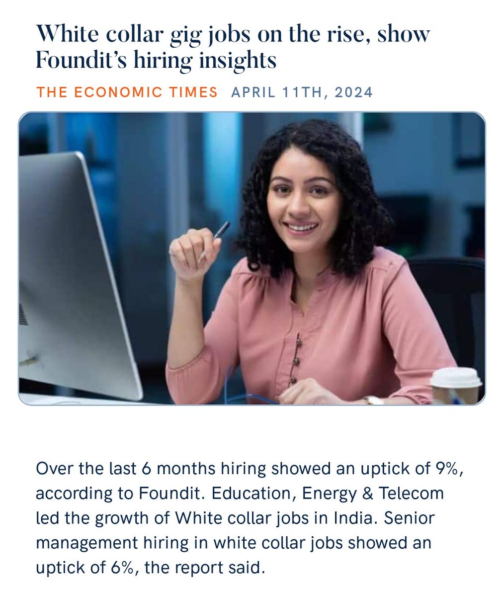 White collar gig jobs on the rise, show Foundit’s hiring insights
economictimes.indiatimes.com/jobs/hr-polici… via NaMo App