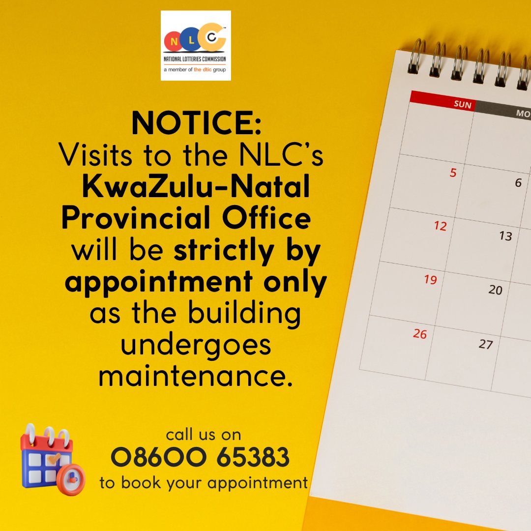 NOTICE: Visits to the NLC’s KwaZulu-Natal Provincial Office will be strictly by appointment only as the building undergoes maintenance. Call us on 08600 65383 to book your appointment.