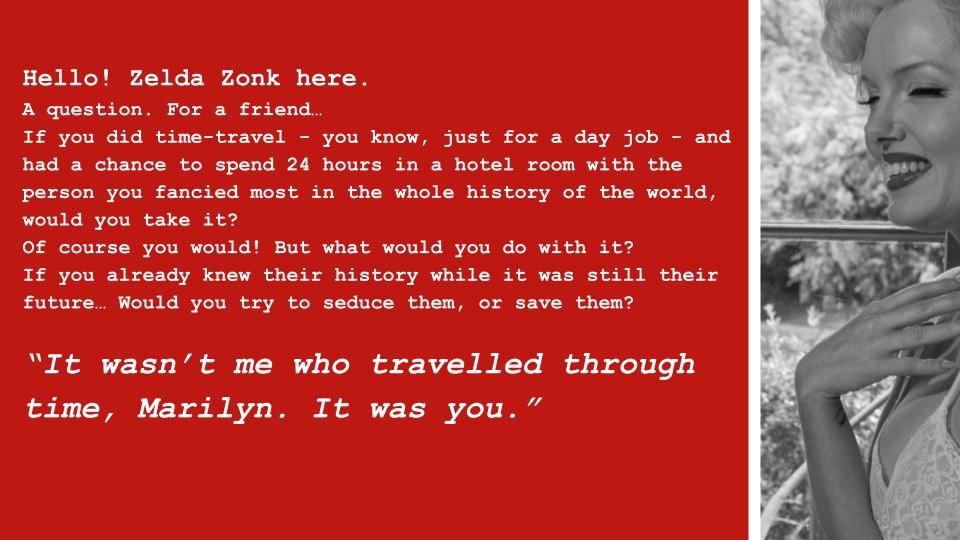 MAKING MARILYN at Brighton Fringe Festival
2nd, 3rd and 4th of May
Horatio’s Bar, Brighton Palace Pier
Be there or be Zelda Zonk