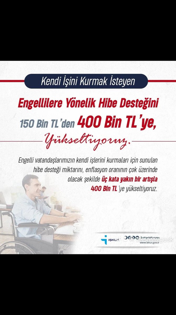 aksaraygesk's tweet photo. 📢Kendi İşini Kurmak İsteyen Engellilere Yönelik Hibe Desteğini 150 Bin TL’den 400 Bin TL’ye Yükselttik.
 
Detaylı bilgi ve başvuru için:
🔗https://t.co/1KKADZORR6…

#engelli
#hibedesteği
#İŞKURdaİşVar https://t.co/CaTva9zbwE