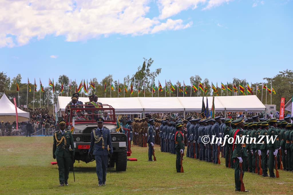 His Excellency, The President and Commander in Chief of the Defence Forces Dr E.D Mnangagwa @edmnangagwa and First Lady Amai Dr A. Mnangagwa @ZimFirstLady have arrived at Uhera Stadium Murambinda B High School. H.E President @edmnangagwa has inspected the Independence Parade as