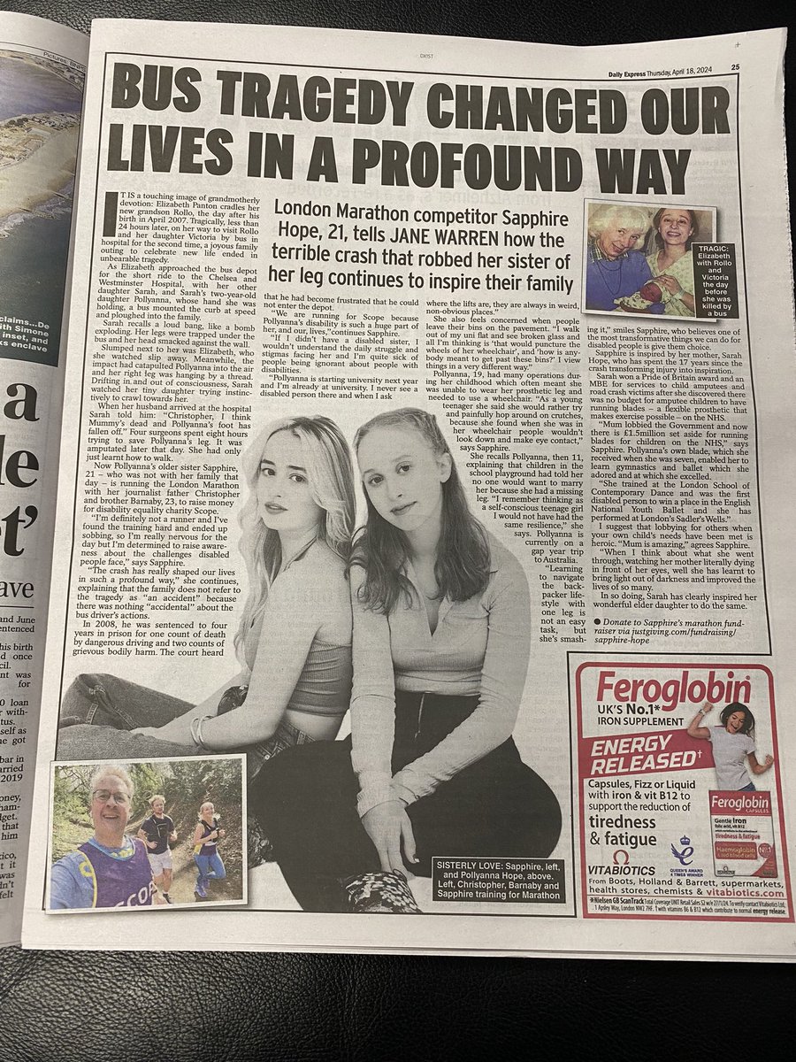 Terrific interview today in the @Daily_Express with my daughter Sapphire about why she is running this weekend’s London Marathon with her brother Barnaby and me. We are raising money for disability charity @scope. Please support us if you can: justgiving.com/fundraising/sa……