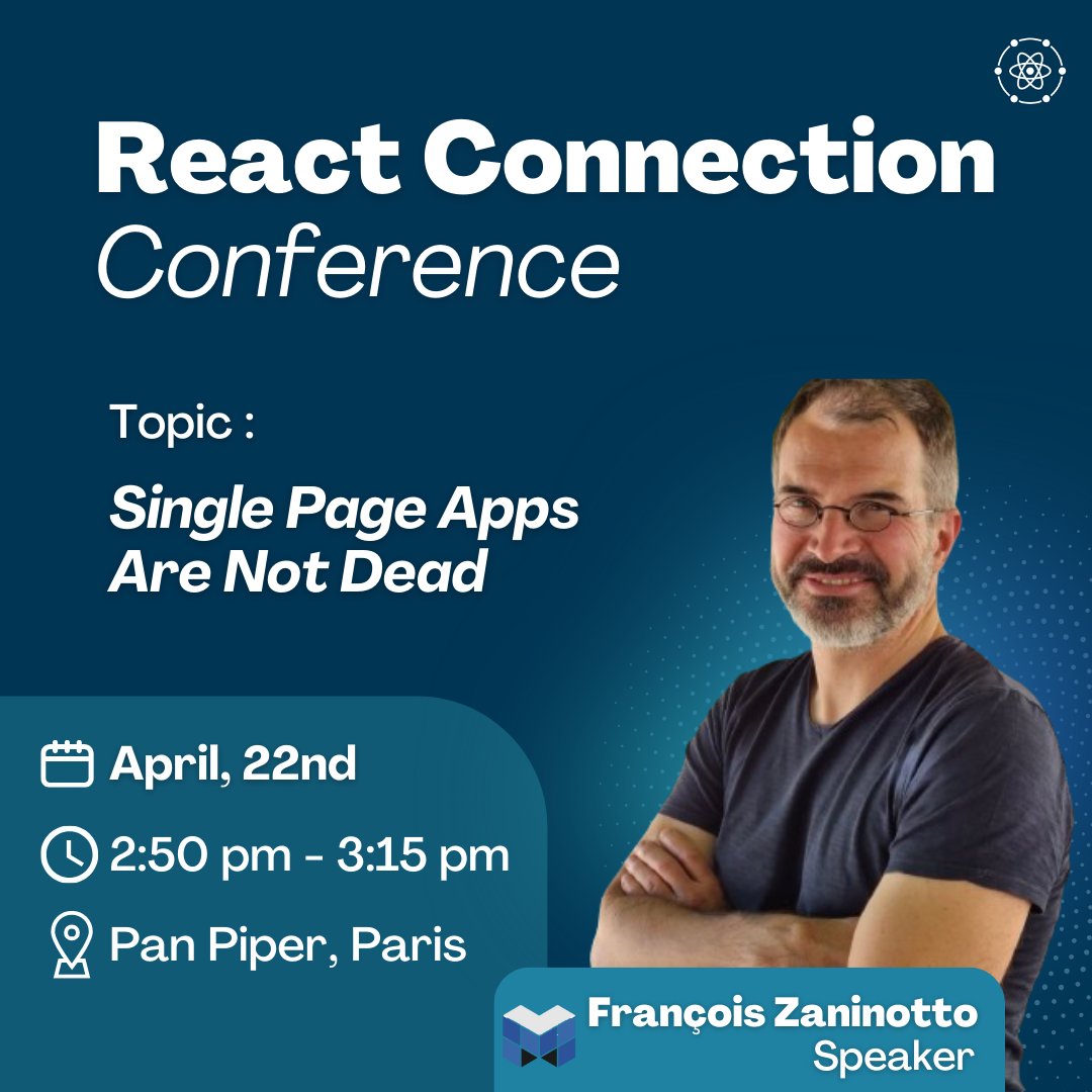 marmelab's tweet photo. Catch our CEO @francoisz next Monday in Paris at the @reactconn conference where he'll be giving a talk on Single-Page Apps (SPA).🎙️

While SSR is the standard for new React apps, SPA is often the better choice. When to opt for SPA in 2024? Let's discuss!

https://t.co/t5qM4mQ5Mr https://t.co/zgyoBbLRAW