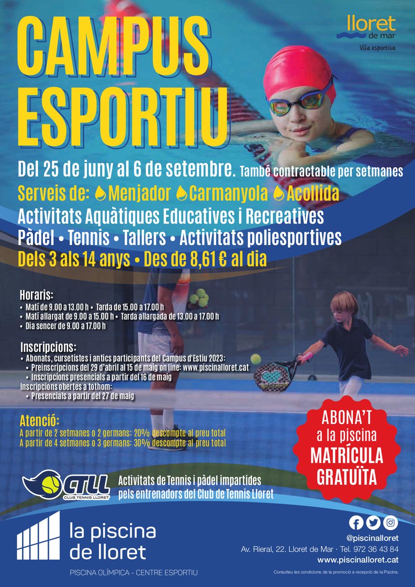 🔵 Campus Esportiu d’Estiu a la Piscina de Lloret 🔵
🗓️ Del 25 de juny al 6 de setembre
👉 Activitats aquàtiques, esportives, recreatives i tallers!
#LloretDeMar #mylloret