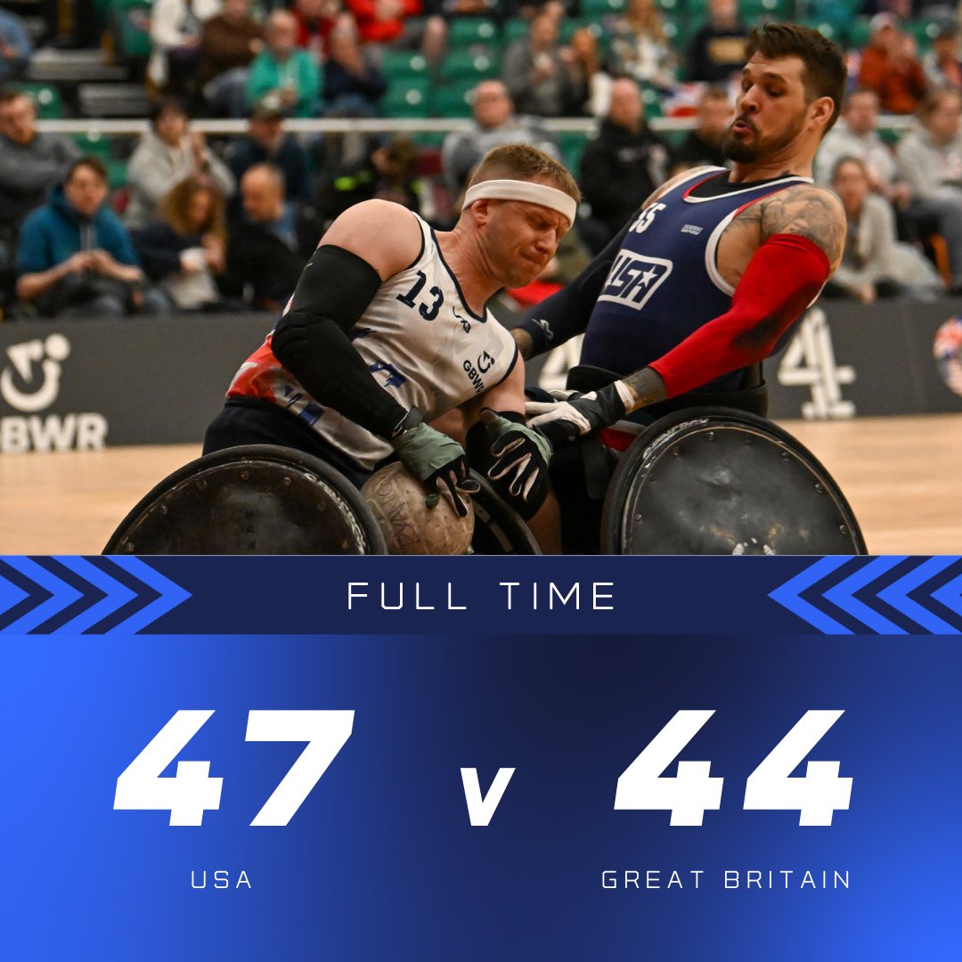 USA beat GB! 

GB play at 2pm today in the Bronze match: youtube.com/@Channel4Sport…

#QuadNations #QN24 #cardiff #WheelchairRugby #GBWR #WheelchairSport #RocketLeague #disabilitysport #SportEngland #WatchWheelchairRugby #UKSport #japan #USA #France #GB #paralympics