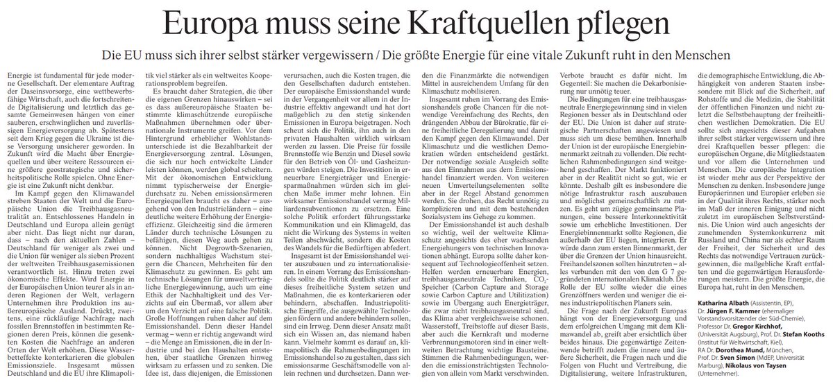 Erfolgreiche #Energiepolitik braucht ein Rückbesinnen auf die Stärken der #EU als freiheitlicher marktwirtschaftlicher Rechtsraum. Gemeinsames Plädoyer mit Katharina Albath, Jürgen F. Kammer, Gregor Kirchhof, @DorotheaMund, @SvenSimon und Nikolaus von Taysen: