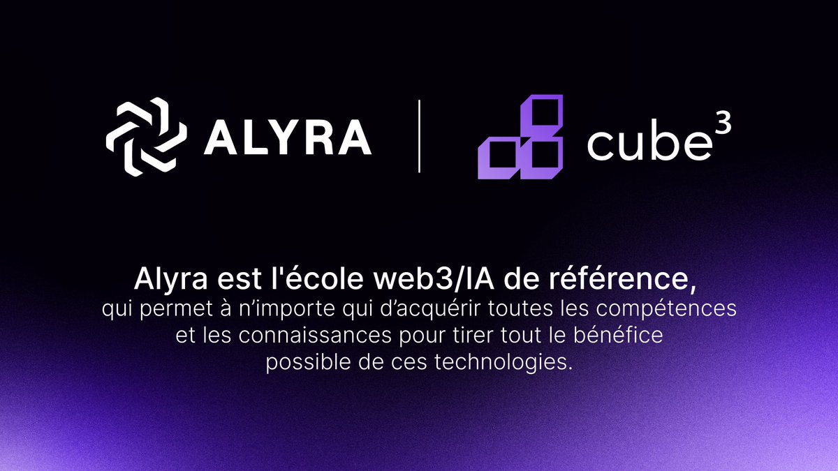 [Partenaire cérémonie cube3] 🤝

@alyraBlockchain nous accompagne en tant que partenaire de la cérémonie.
Alyra est l’école web3/lA de référence, elle propose une formation au cœur de la blockchain depuis 2018.

⚠️ Ne ratez pas votre chance : cube3.fr/ceremonie-s2