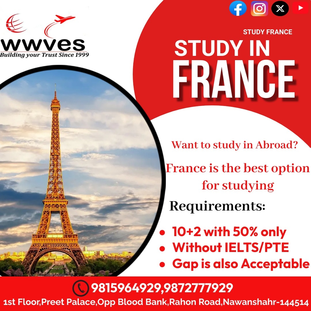Want to Study in Abroad ?
France is the best option for studying.
Requirements:
10+2 with 50% only
Without IELTS/PTE
Gap is also Acceptable

#france#studyinfrance2024#withoutieltsstudy#beststudyabroadconsultant#francestudyvisa#ImmigrationExperts#immigration#immigrationconsultants