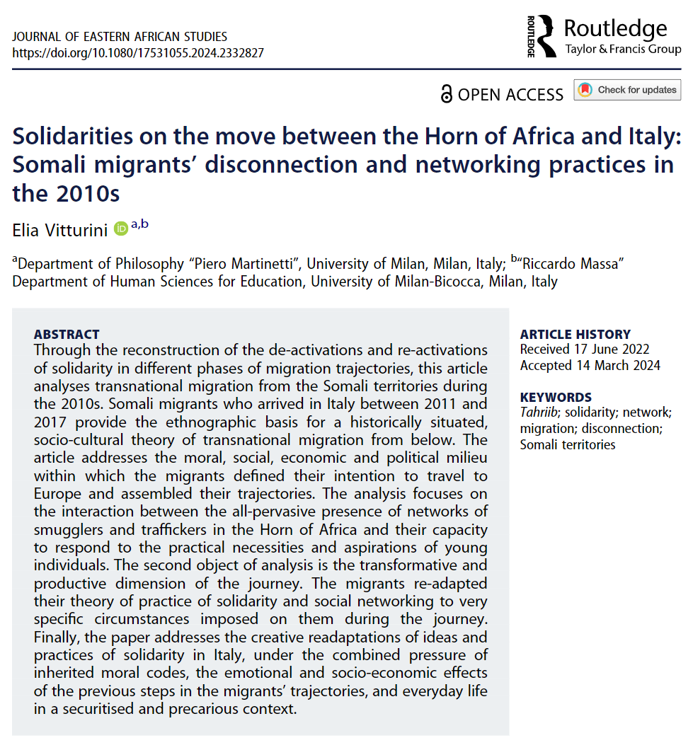 Now online (Open Access): Solidarities on the move between the Horn of Africa and Italy: Somali migrants’ disconnection and networking practices in the 2010s by Elia Vitturini doi.org/10.1080/175310… #Somaliland