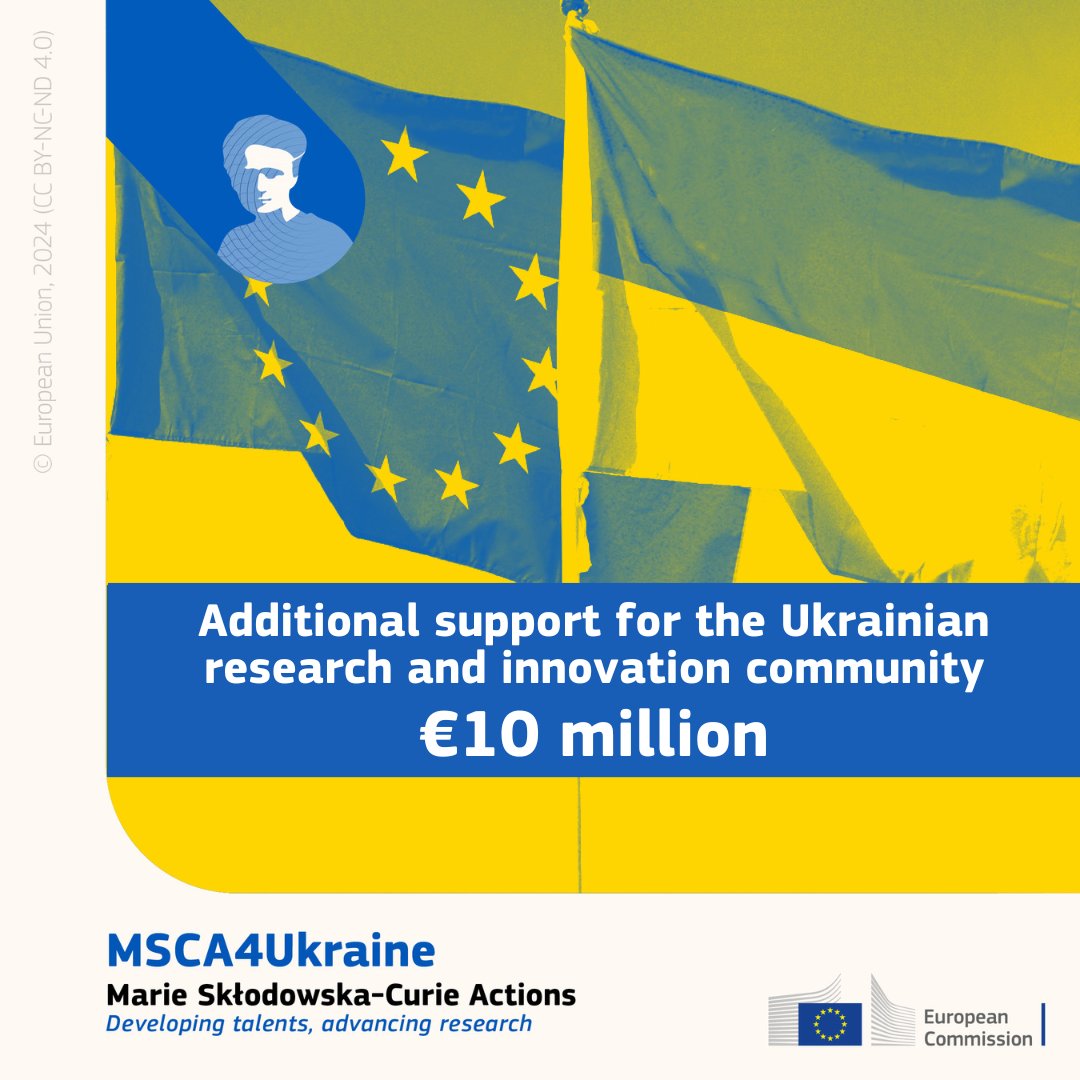🇪🇺🇺🇦 Proud to announce €10M in extra funding for Ukrainian researchers via our programme #MSCA4Ukraine.

This top-up from <a href="/HorizonEU/">Horizon Europe 🇪🇺</a> will enable 50 displaced researchers to advance their crucial work elsewhere in Europe.

Read more ➡️ europa.eu/!9mDNyM

#StandWithUkraine