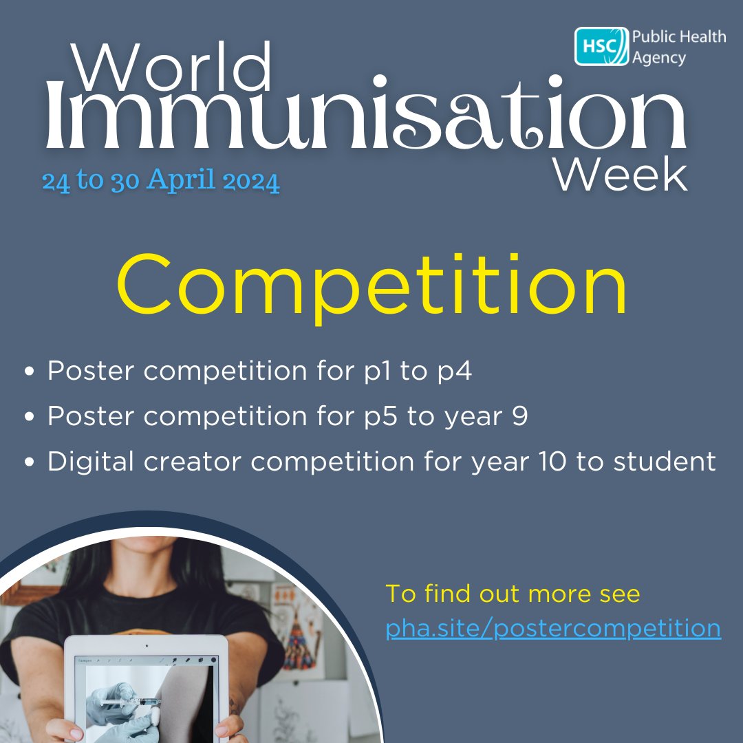 Get creative with #WorldImmunisationWeek competition 
To mark this year’s World Immunisation Week the PHA has launched a digital creator and poster competition for aspiring creatives from primary pupils to college/university students.  
pha.site/PosterCompetit…