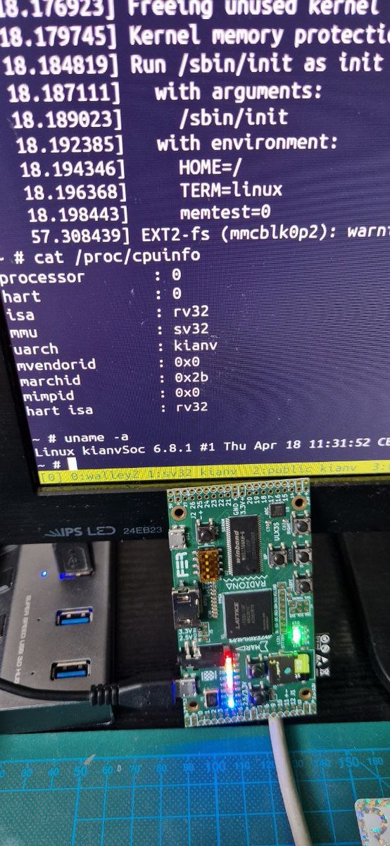 Hey guys, I still have a few days of vacation left and thought I'd run my Linux SoC with the Linux kernel 6.8.1. I think the KianV RISC-V Linux SoC is the SoC with the most modern kernel around here. :)

#riscv #linux #verilog #logicDestroyer #kernel_6_8_1 #kianV #marchID0x2b