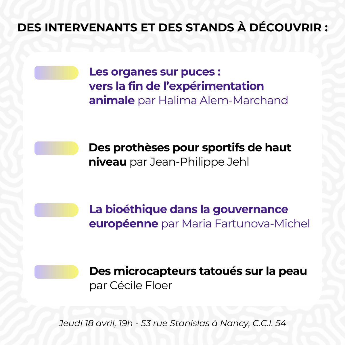 CE SOIR 🔔 L'événement Matériaux & Société est de retour ! 🧪💬🔬 vous attend dès 19h à la @CCI54. Une soirée conviviale et passionnante qui portera sur les nouvelles frontières de la #médecine. Au programme : conférences, débats et témoignages 🔎🗣️. Entrée gratuite.