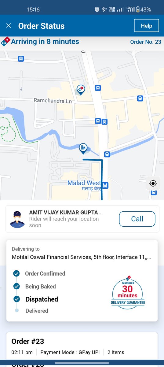 arvinds93's tweet photo. @dominos @dominos_india What pathetic delivery service. Ordered at 2:11pm and yet waiting for the delivery, order dispatched around 25 mins ago and still time is going on increasing. While the store is 5-7 mins away still ur unable to deliver on time. https://t.co/irbTSVs2VV