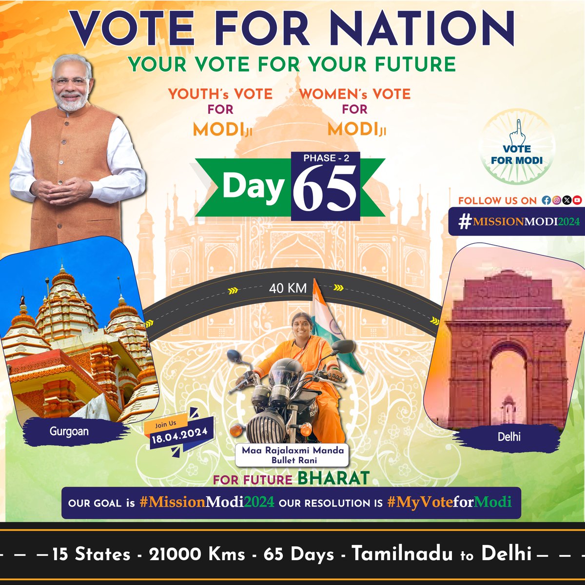 mandarajalaxmi1's tweet photo. Day 65 of 65 Days All Bullet Bike Rally from Tamilnadu to Delhi. Our future is decided by our Vote.
Vote for Nation. Vote for Modi.
#MissionModi2024 #MyVoteForModi 
#LokSabhaElection2024 #Elections2024  #SudhirBhauForChandrapur #VotingVirgin #ModiKaParivar #ModiKiGuarantee https://t.co/Zl8U92gip4
