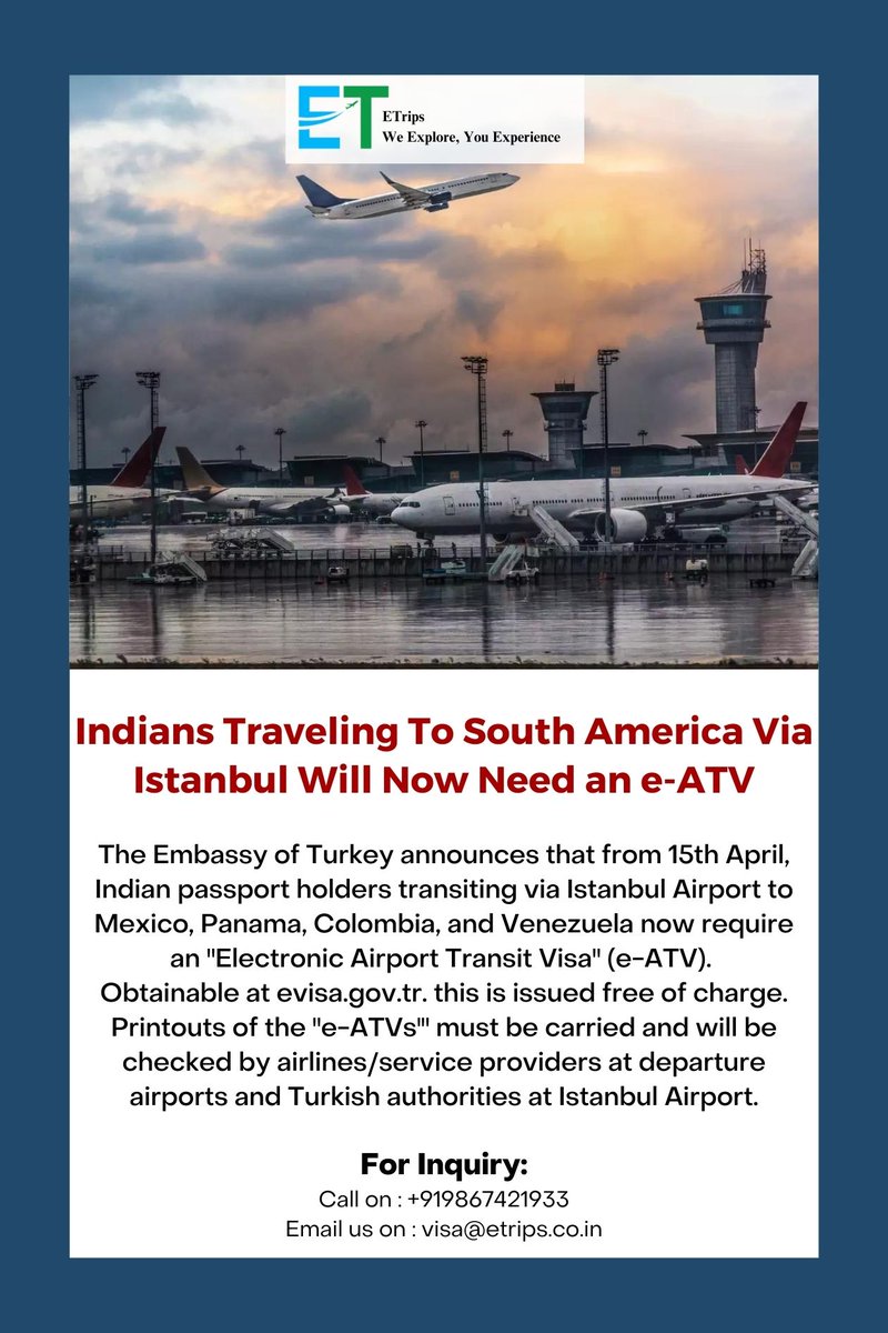 Indians Traveling To South America Via Istanbul Will Now Need an e-ATV
#TurkeyVisaUpdate #IstanbulAirport #IndianTravelers #TransitVisa #eATV #TravelRequirements #Etrips #Flightbooking #Hotelbooking #Tourpackage #Booknow